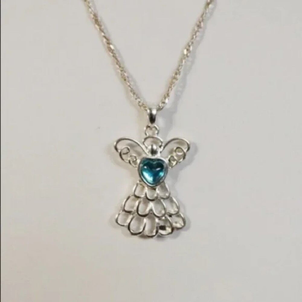 Angel Pendant Necklace with Blue Rhinestone Heart